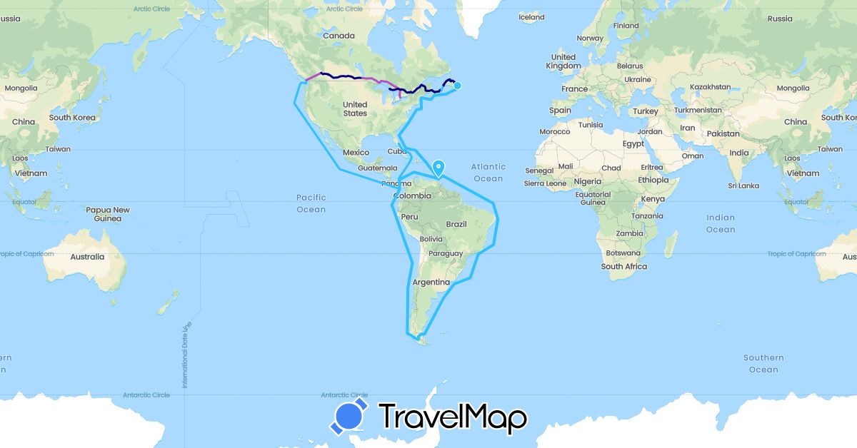 TravelMap itinerary: driving, train, boat in Argentina, Brazil, Bahamas, Canada, Chile, Colombia, Costa Rica, Cuba, Ecuador, Jamaica, Cayman Islands, Mexico, Nicaragua, Netherlands, Panama, Peru, Trinidad and Tobago, United States, Uruguay, British Virgin Islands (Europe, North America, South America)