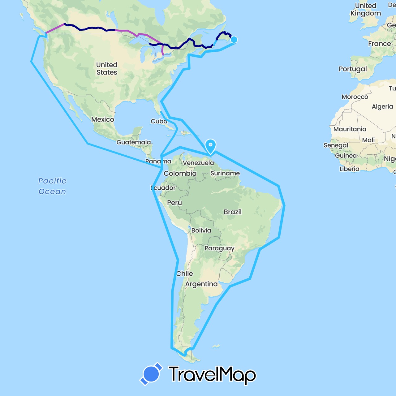 TravelMap itinerary: driving, train, boat in Argentina, Brazil, Bahamas, Canada, Chile, Colombia, Costa Rica, Cuba, Ecuador, Jamaica, Cayman Islands, Mexico, Nicaragua, Netherlands, Panama, Peru, Trinidad and Tobago, United States, Uruguay, British Virgin Islands (Europe, North America, South America)