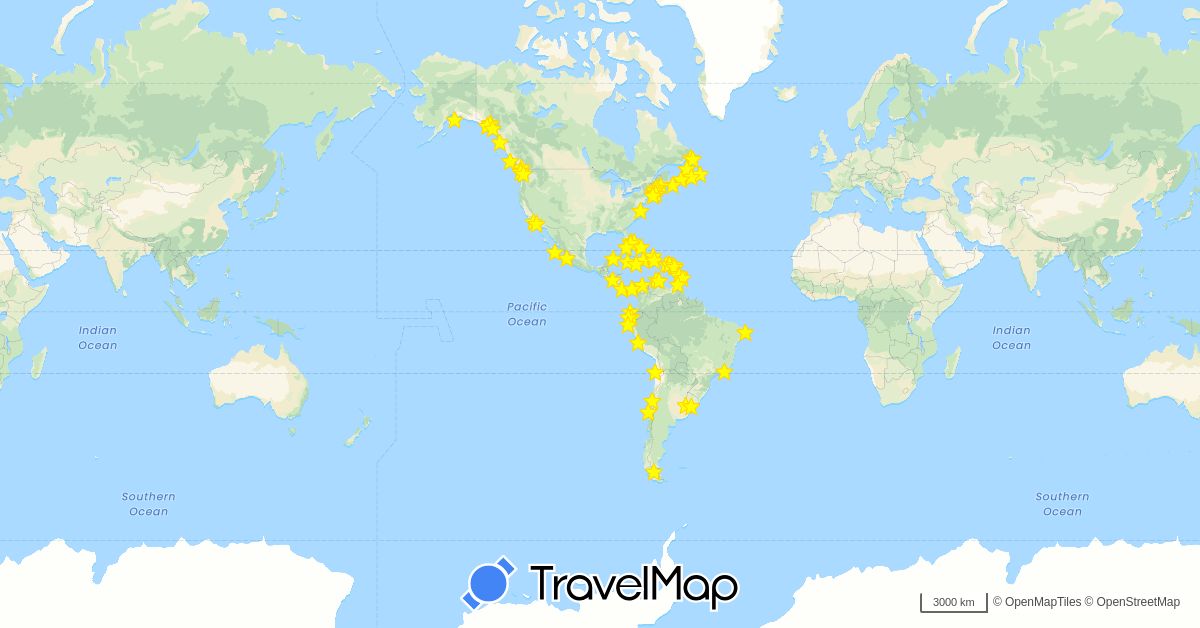 TravelMap itinerary: driving in Argentina, Barbados, Brazil, Bahamas, Canada, Chile, Colombia, Costa Rica, Cuba, Dominican Republic, Ecuador, France, Jamaica, Saint Kitts and Nevis, Cayman Islands, Saint Lucia, Mexico, Nicaragua, Netherlands, Panama, Peru, Turks and Caicos Islands, Trinidad and Tobago, United States, Uruguay, British Virgin Islands (Europe, North America, South America)