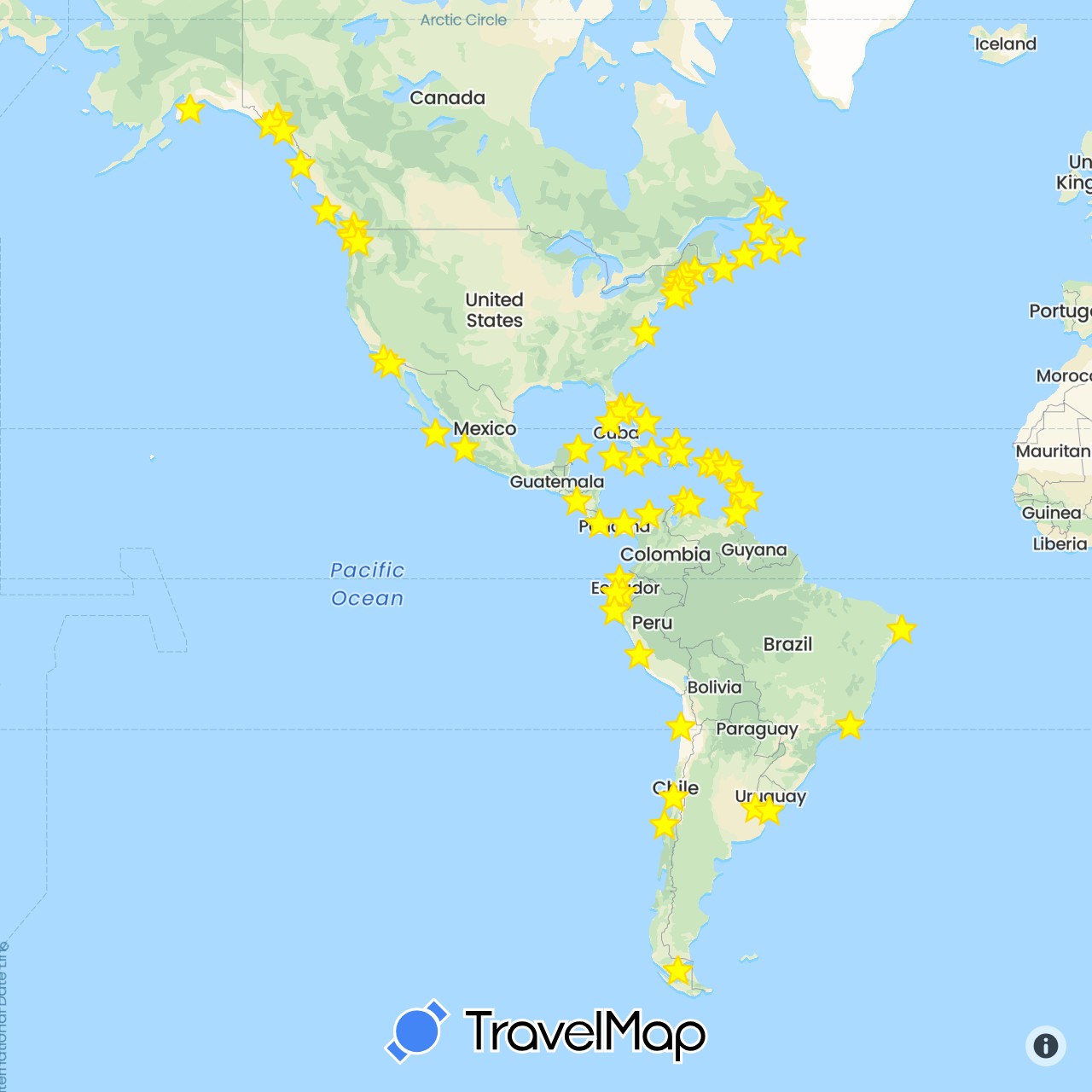TravelMap itinerary: driving in Argentina, Barbados, Brazil, Bahamas, Canada, Chile, Colombia, Costa Rica, Cuba, Dominican Republic, Ecuador, France, Jamaica, Saint Kitts and Nevis, Cayman Islands, Saint Lucia, Mexico, Nicaragua, Netherlands, Panama, Peru, Turks and Caicos Islands, Trinidad and Tobago, United States, Uruguay, British Virgin Islands (Europe, North America, South America)
