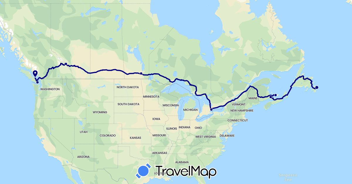 TravelMap itinerary: driving in Canada (North America)