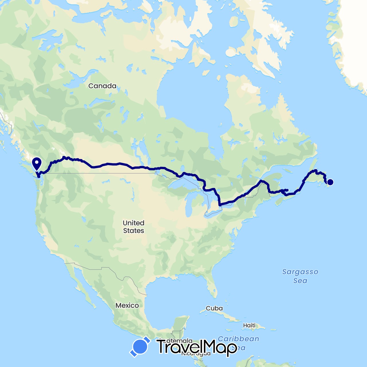 TravelMap itinerary: driving in Canada (North America)