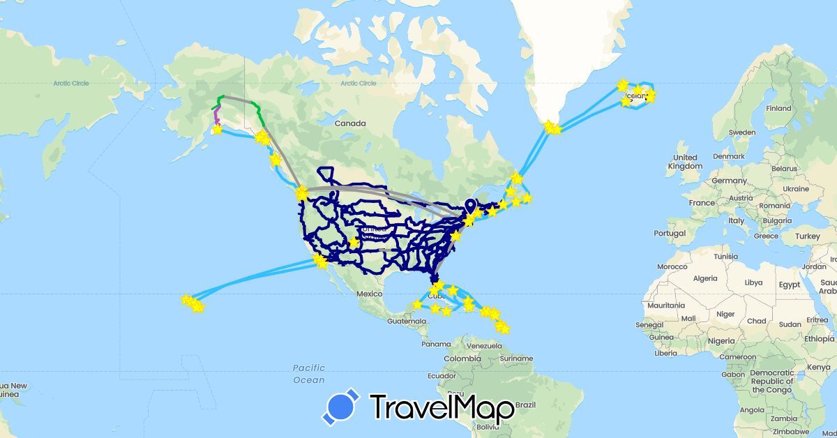TravelMap itinerary: driving, bus, plane, train, hiking, boat in Barbados, Bahamas, Canada, Cuba, Dominican Republic, France, Greenland, Iceland, Jamaica, Saint Kitts and Nevis, Cayman Islands, Saint Lucia, Saint Martin, Martinique, Mexico, Netherlands, Turks and Caicos Islands, United States, U.S. Virgin Islands (Europe, North America)