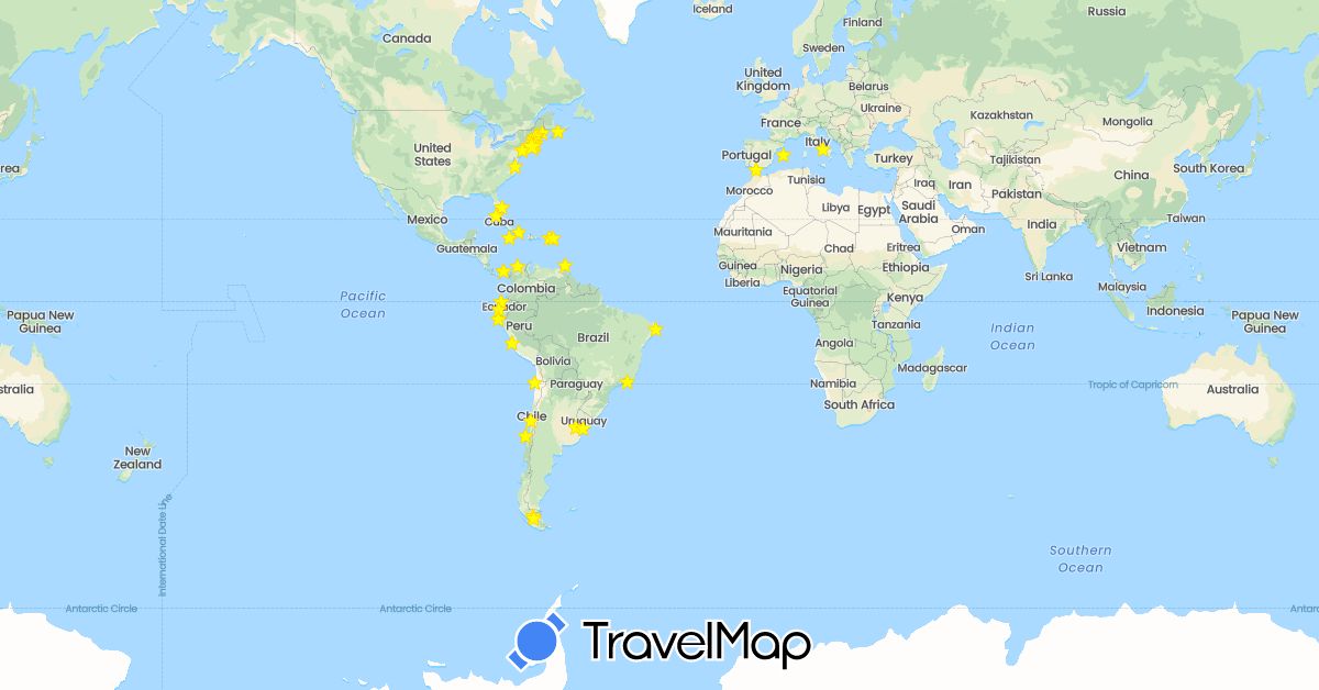 TravelMap itinerary: driving, boat in Argentina, Brazil, Canada, Chile, Colombia, Cuba, Ecuador, Spain, Gibraltar, Italy, Jamaica, Panama, Peru, Puerto Rico, Trinidad and Tobago, United States, Uruguay, U.S. Virgin Islands (Europe, North America, South America)