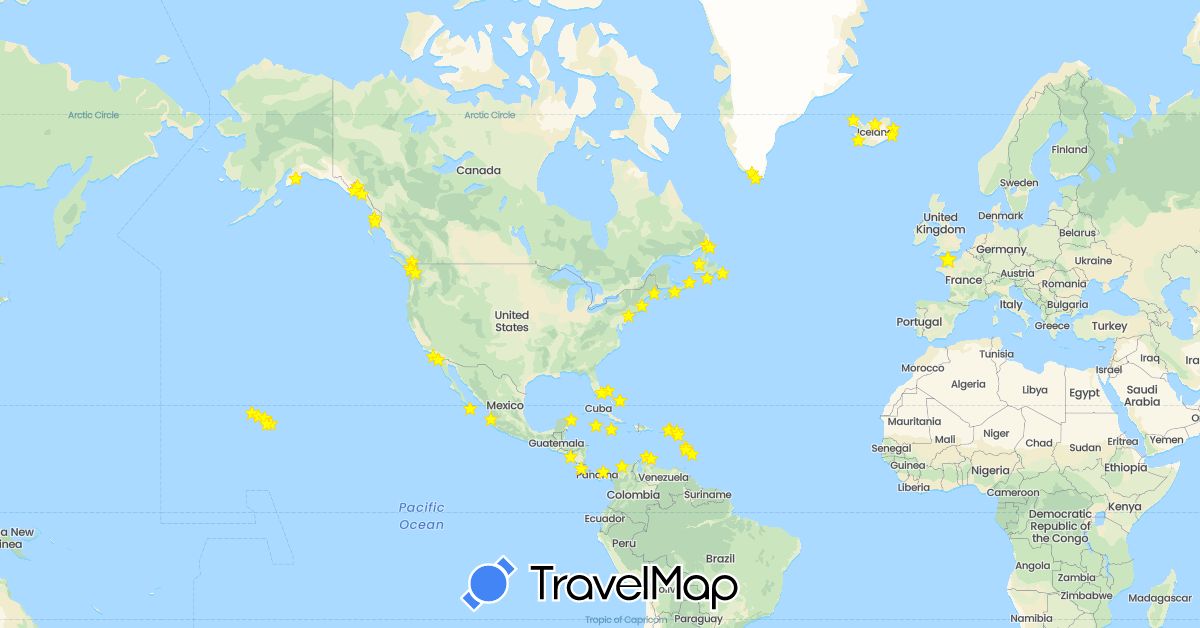 TravelMap itinerary: driving in Aruba, Barbados, Bahamas, Canada, Colombia, Costa Rica, Curaçao, France, Greenland, Iceland, Jamaica, Saint Kitts and Nevis, Cayman Islands, Saint Lucia, Martinique, Mexico, Nicaragua, Netherlands, Panama, United States, British Virgin Islands, U.S. Virgin Islands (Europe, North America, South America)